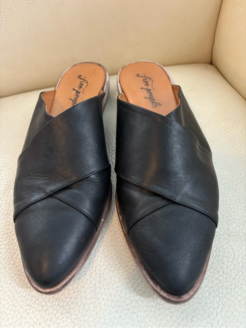 Free People Black Pointed Leather Crossover Mules